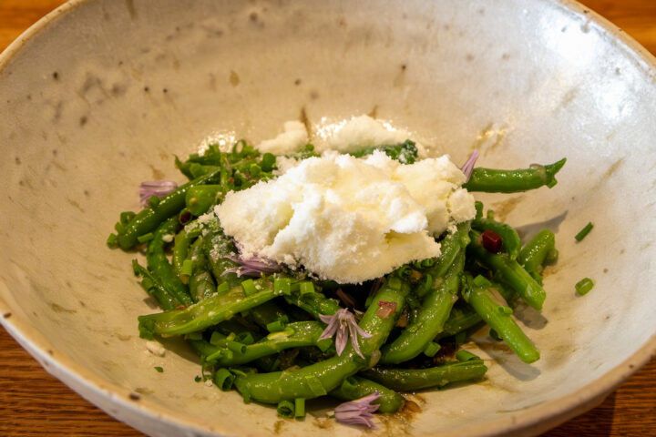 Cave's "French green bean salad of Mr Vachon, Burgundy mozzarella sorbet, and dried beef"