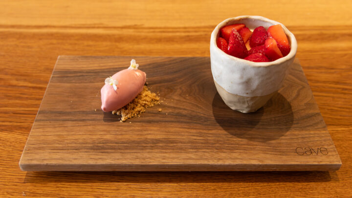 Cave's "Strawberries of Jean Luc Valliot served with fresh panna cotta, flouve and raspberry ice cream"