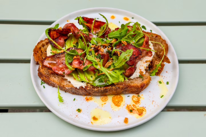 Au Couvent's. "Avocado Toast," sauce vierge, and pomegranate, topped with bacon. Chartrons, Bordeaux