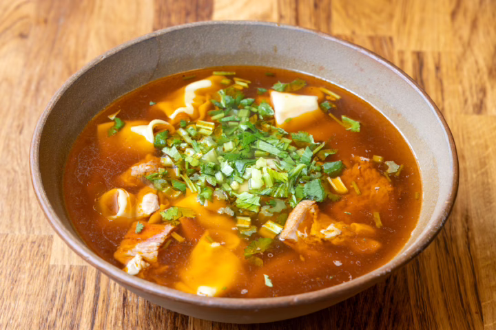SANCHUAN's "Beef Dumpings in Rich Sichuan Broth" with coriander, Paris, France