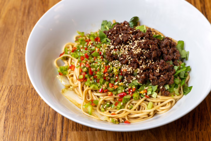 SANCHUAN's "Beef Noodles with Fresh Chili," which includes minced beef, fresh chili, and coriander, Paris, France