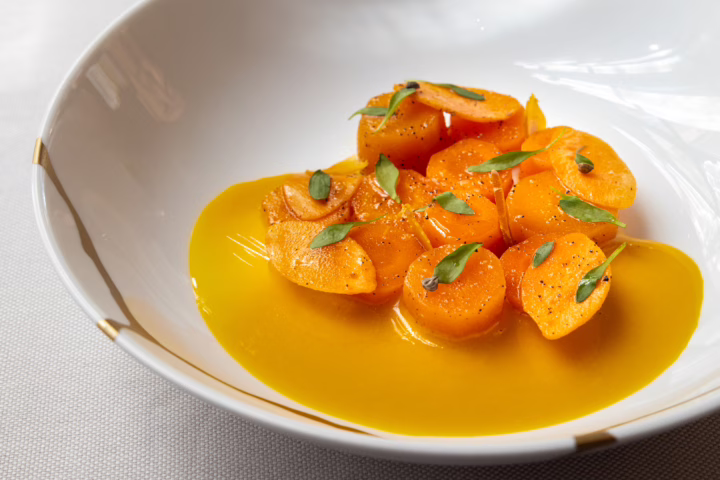 Trente-Trois both cooked and raw sliced carrots, bottarga, and ginger, Paris, France